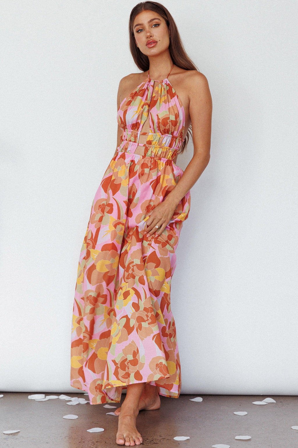 Cyndi Open Back Halterneck Maxi Dress Pink Multi by Selfie Leslie