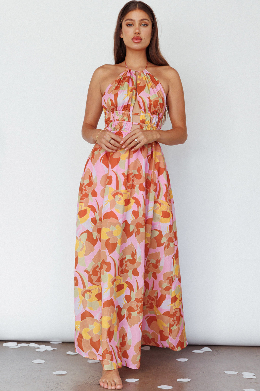 Cyndi Open Back Halterneck Maxi Dress Pink Multi by Selfie Leslie