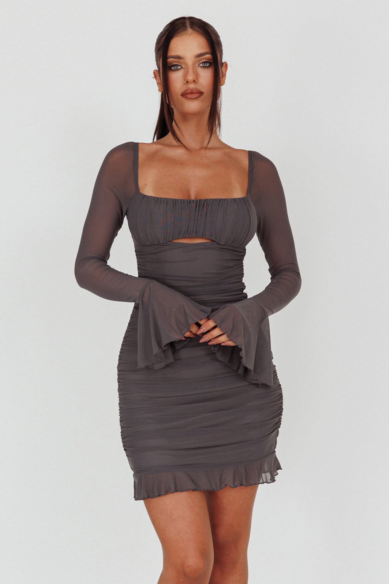 In Bloom Flared Cuff Mini Dress Charcoal by Selfie Leslie
