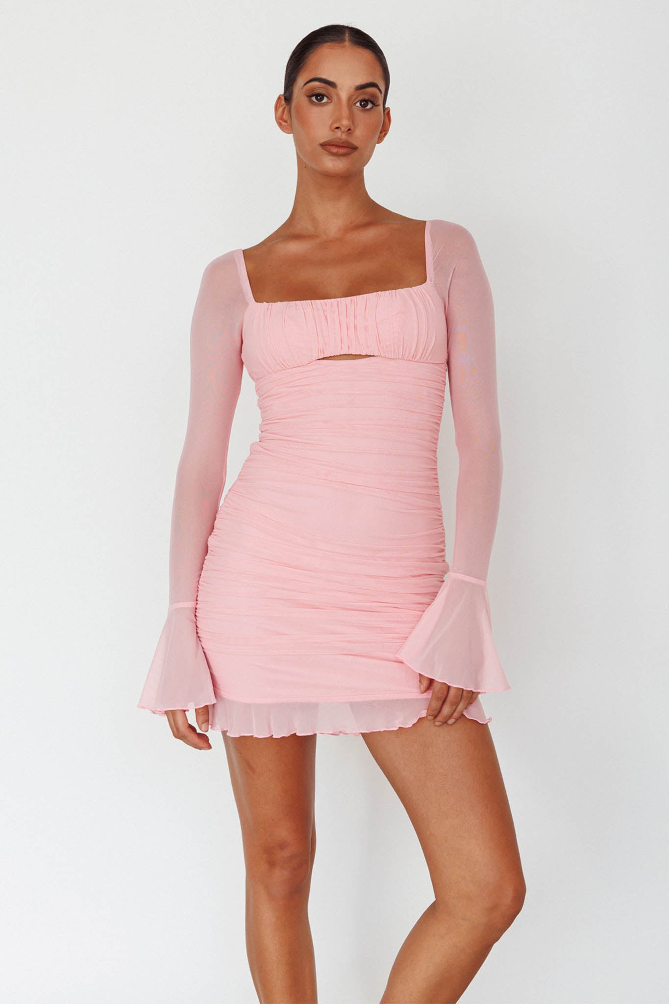 Shop the In Bloom Flared Cuff Mini Dress Pink | Selfie Leslie