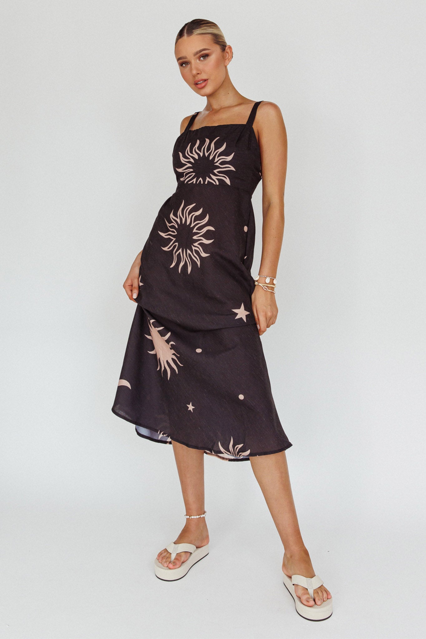 Coucou Square Neckline Midi Dress Celestial Print by Selfie Leslie
