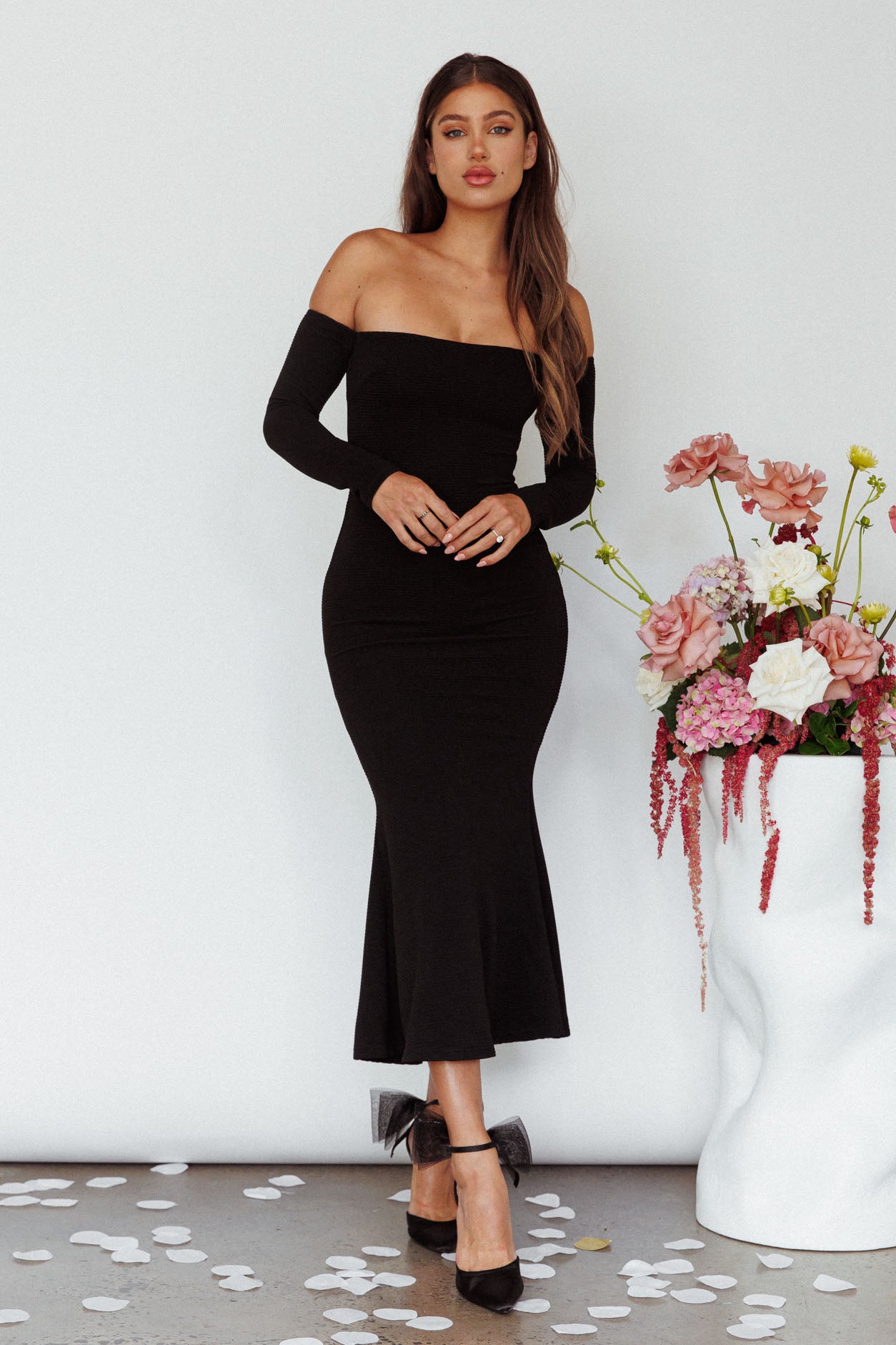 Speakeasy Off-Shoulder Maxi Dress Black by Selfie Leslie