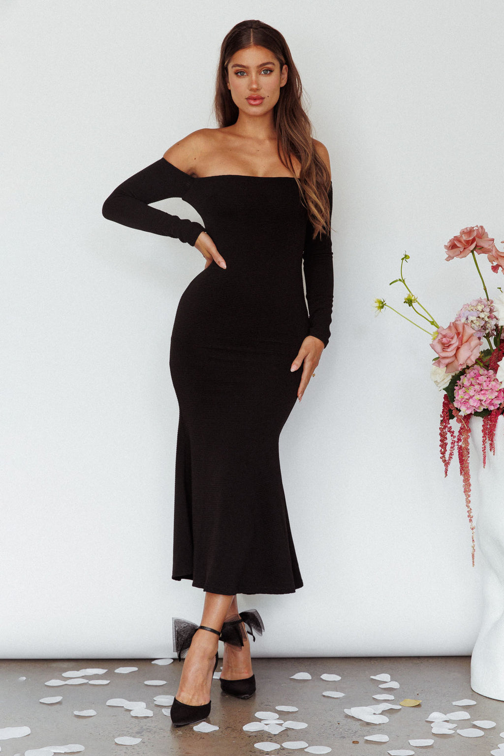Speakeasy Off-Shoulder Maxi Dress Black by Selfie Leslie