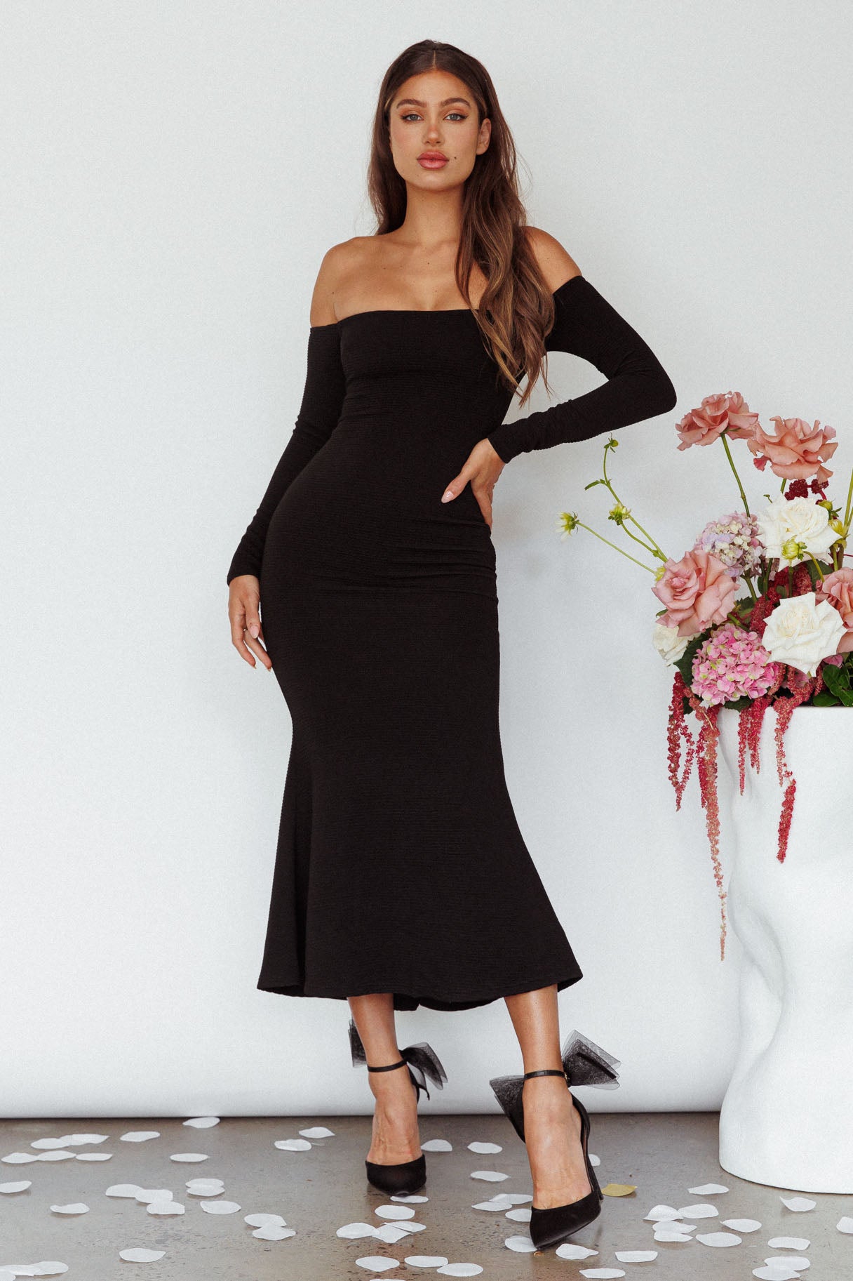 Speakeasy Off-Shoulder Maxi Dress Black by Selfie Leslie