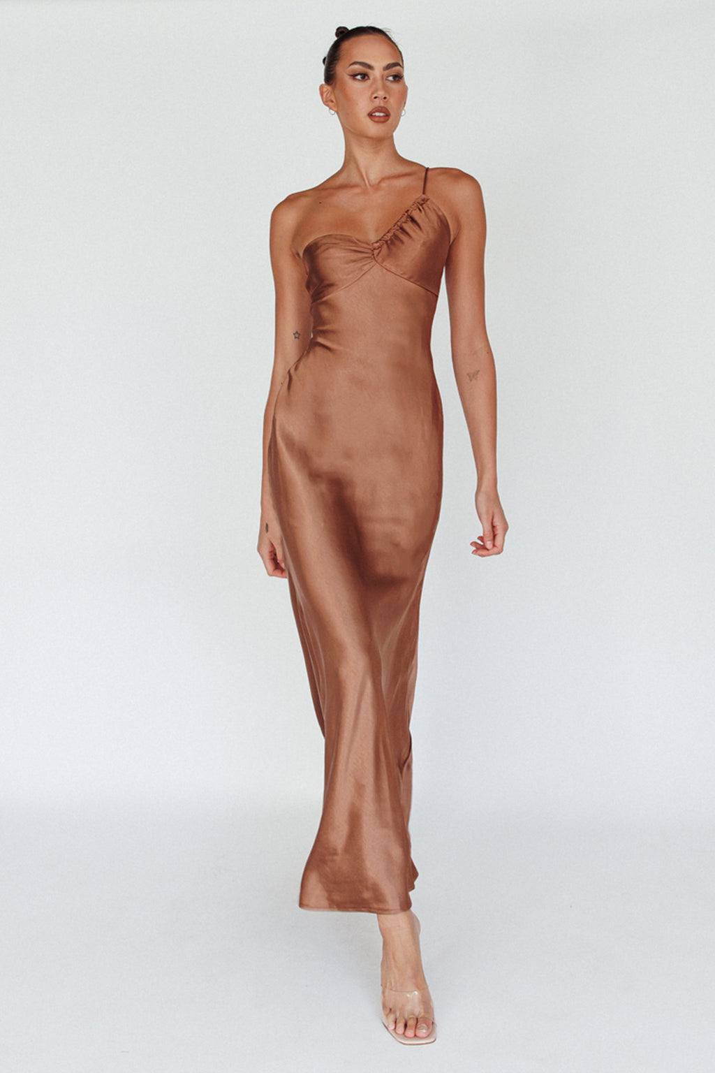 Twilight Tango One-Shoulder Maxi Dress Mocha by Selfie Leslie