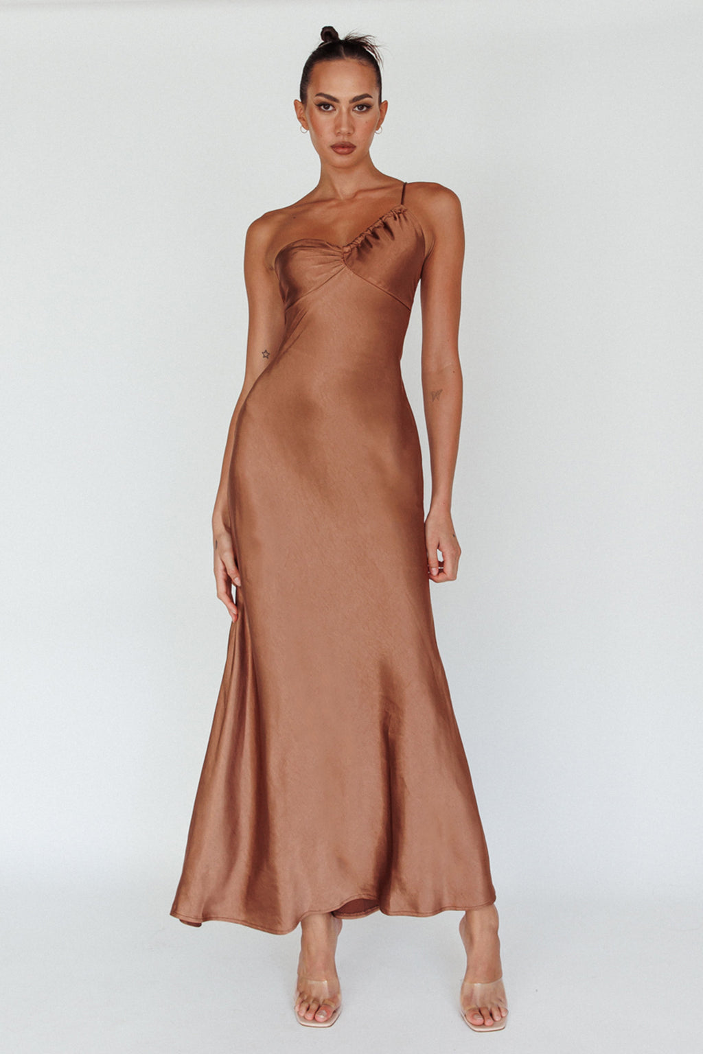 Twilight Tango One-Shoulder Maxi Dress Mocha by Selfie Leslie