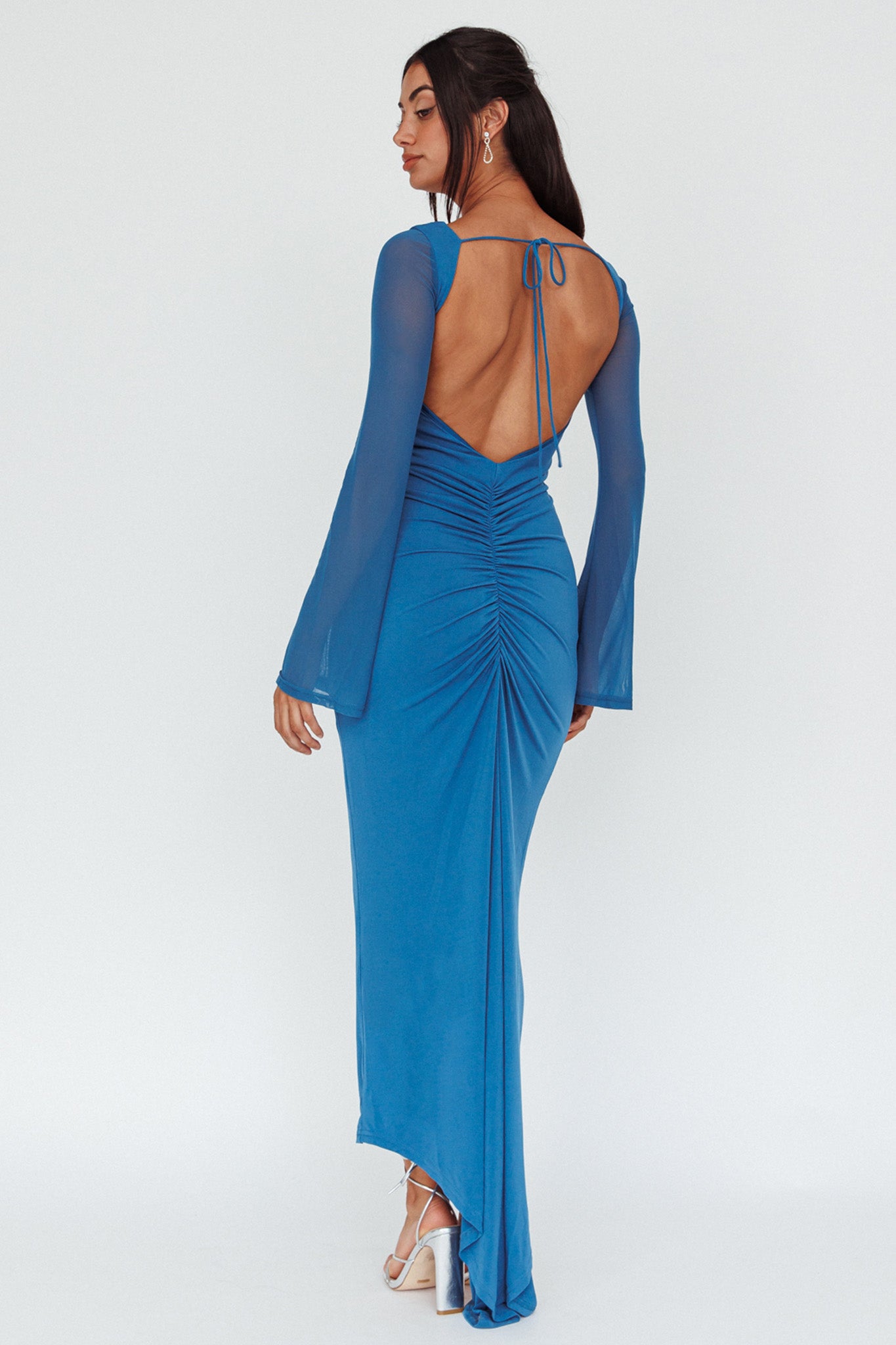 Crystal Ball Open Back Ruched Maxi Dress Blue by Selfie Leslie