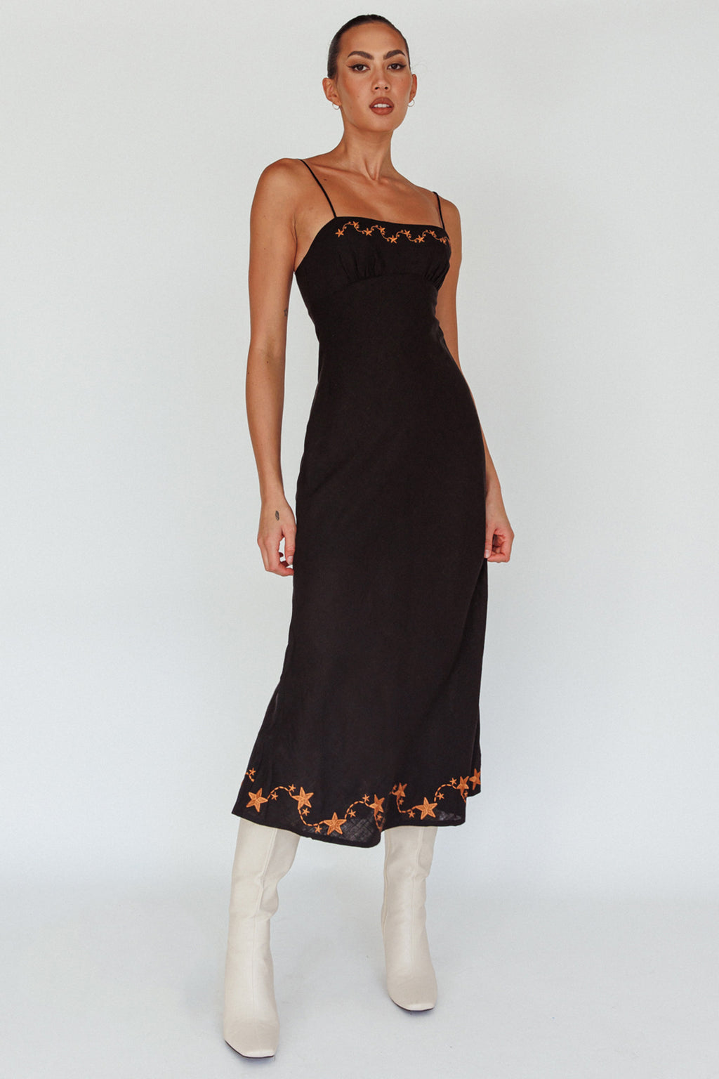 Star Garden Embroidered Midi Dress Black by Selfie Leslie
