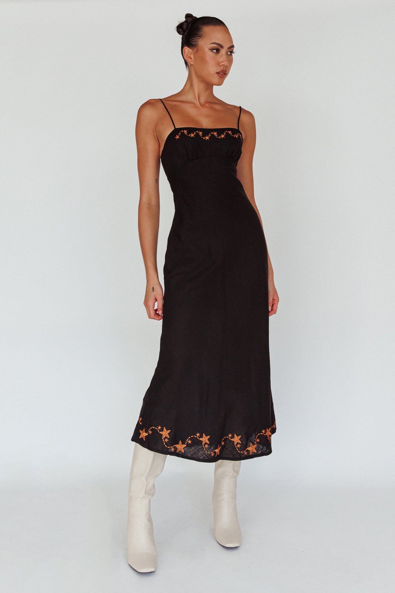 Star Garden Embroidered Midi Dress Black by Selfie Leslie