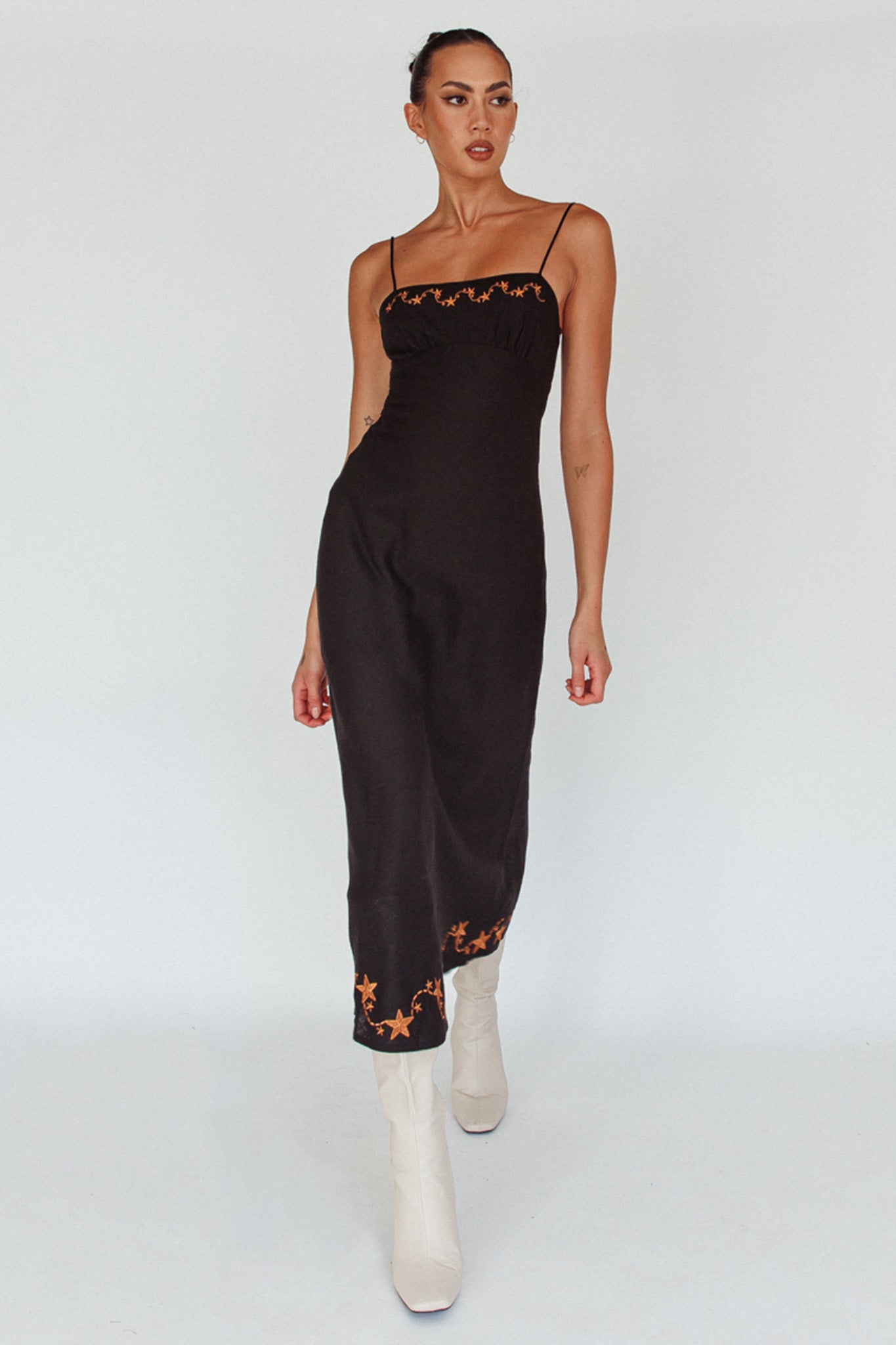 Star Garden Embroidered Midi Dress Black by Selfie Leslie