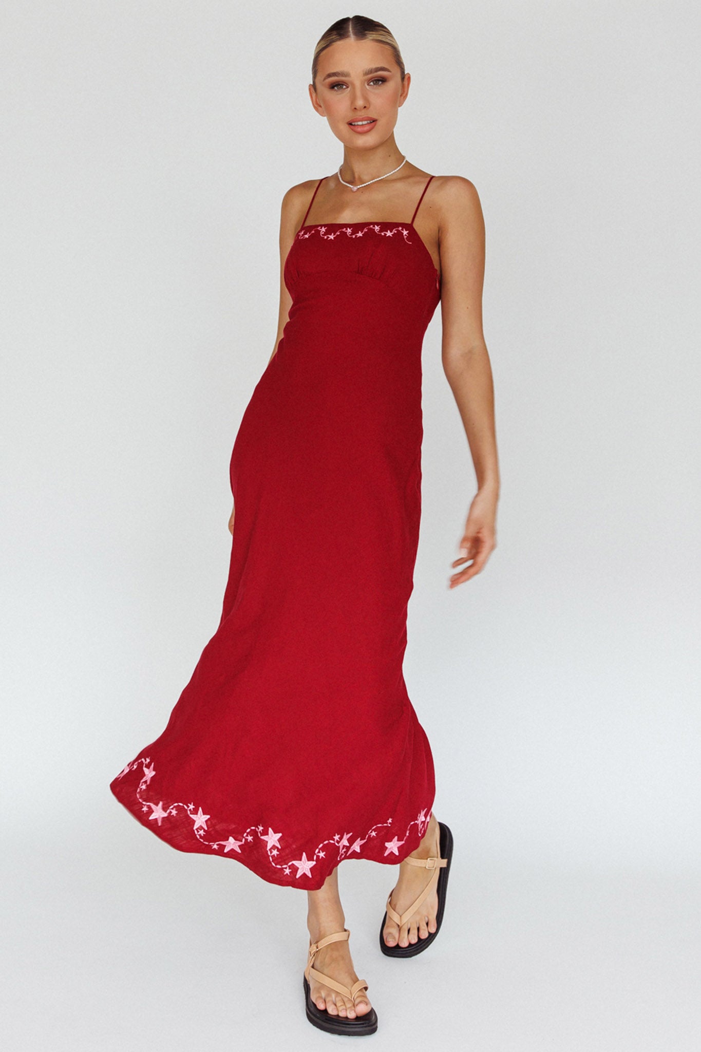 Star Garden Embroidered Midi Dress Wine by Selfie Leslie