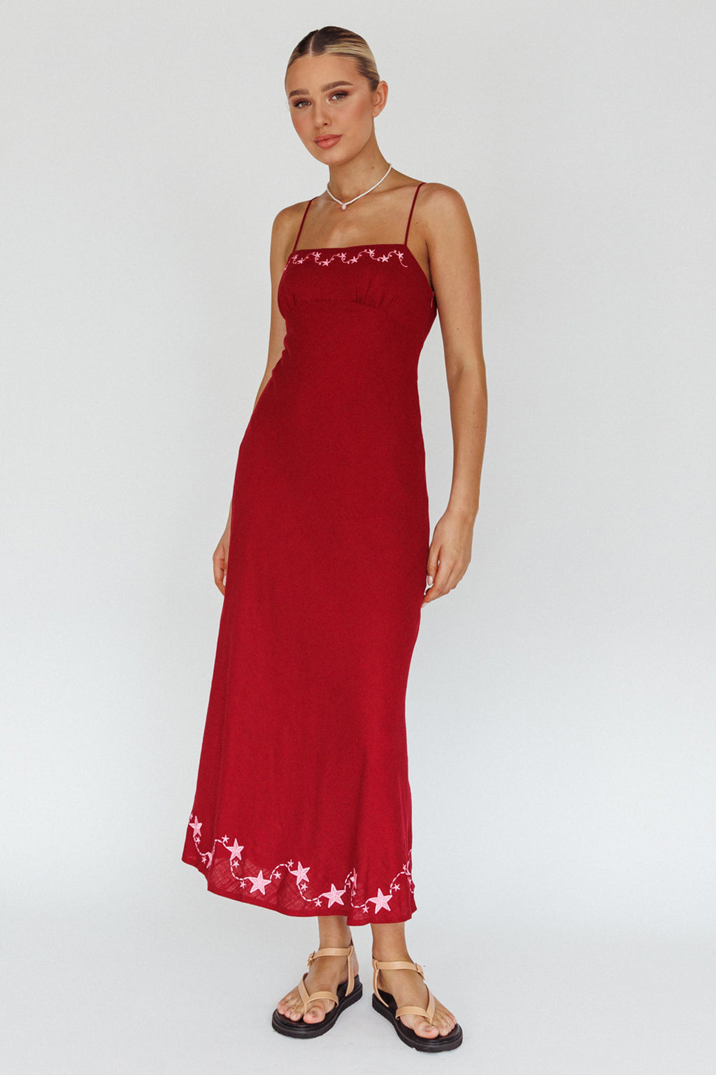 Star Garden Embroidered Midi Dress Wine by Selfie Leslie