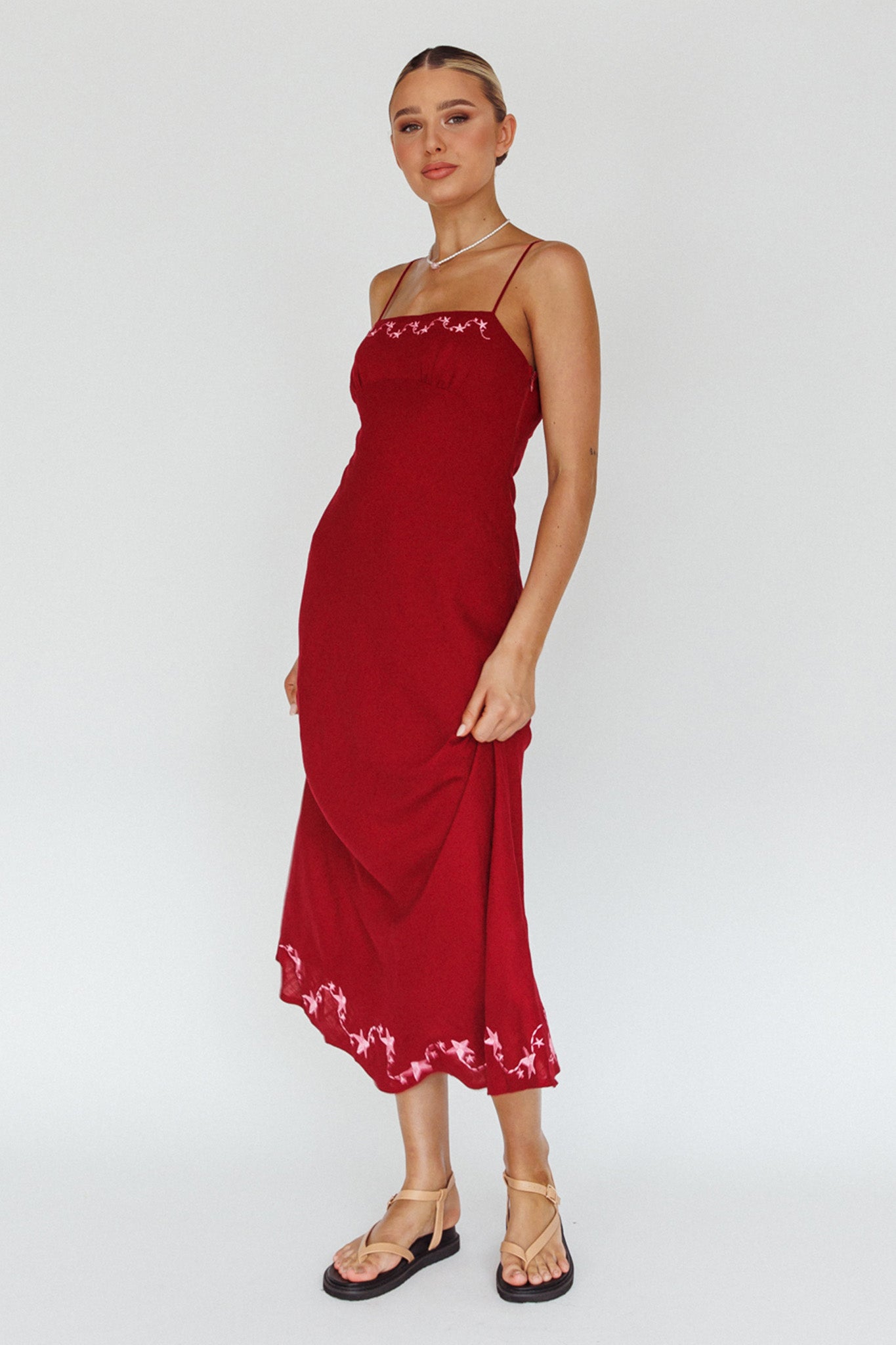 Star Garden Embroidered Midi Dress Wine by Selfie Leslie