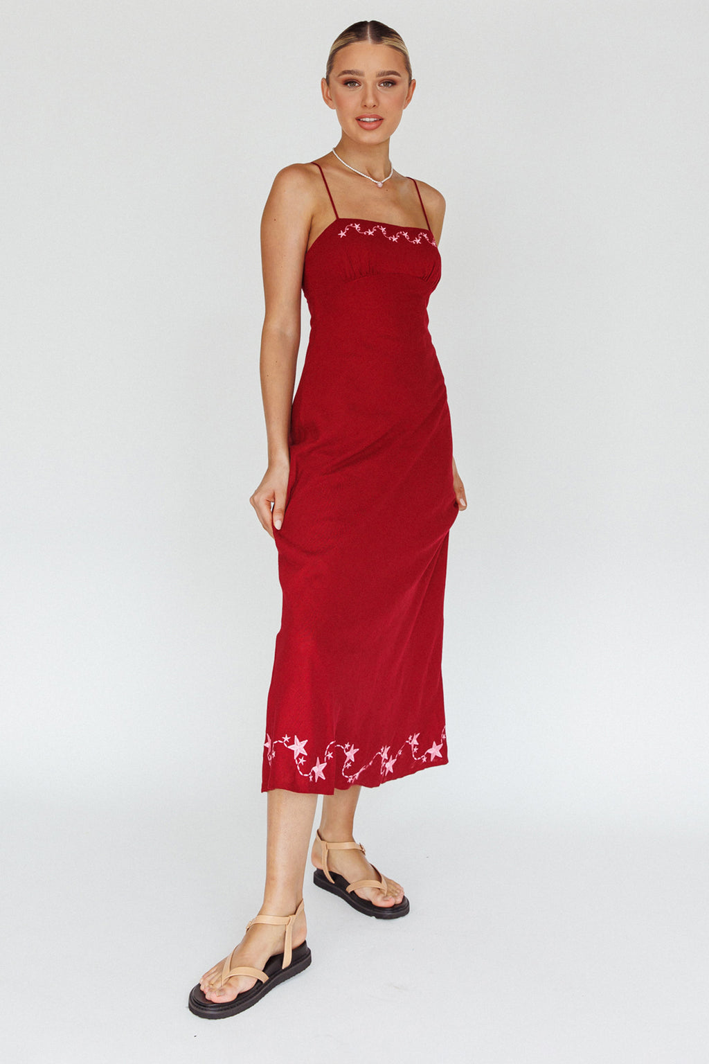 Star Garden Embroidered Midi Dress Wine by Selfie Leslie