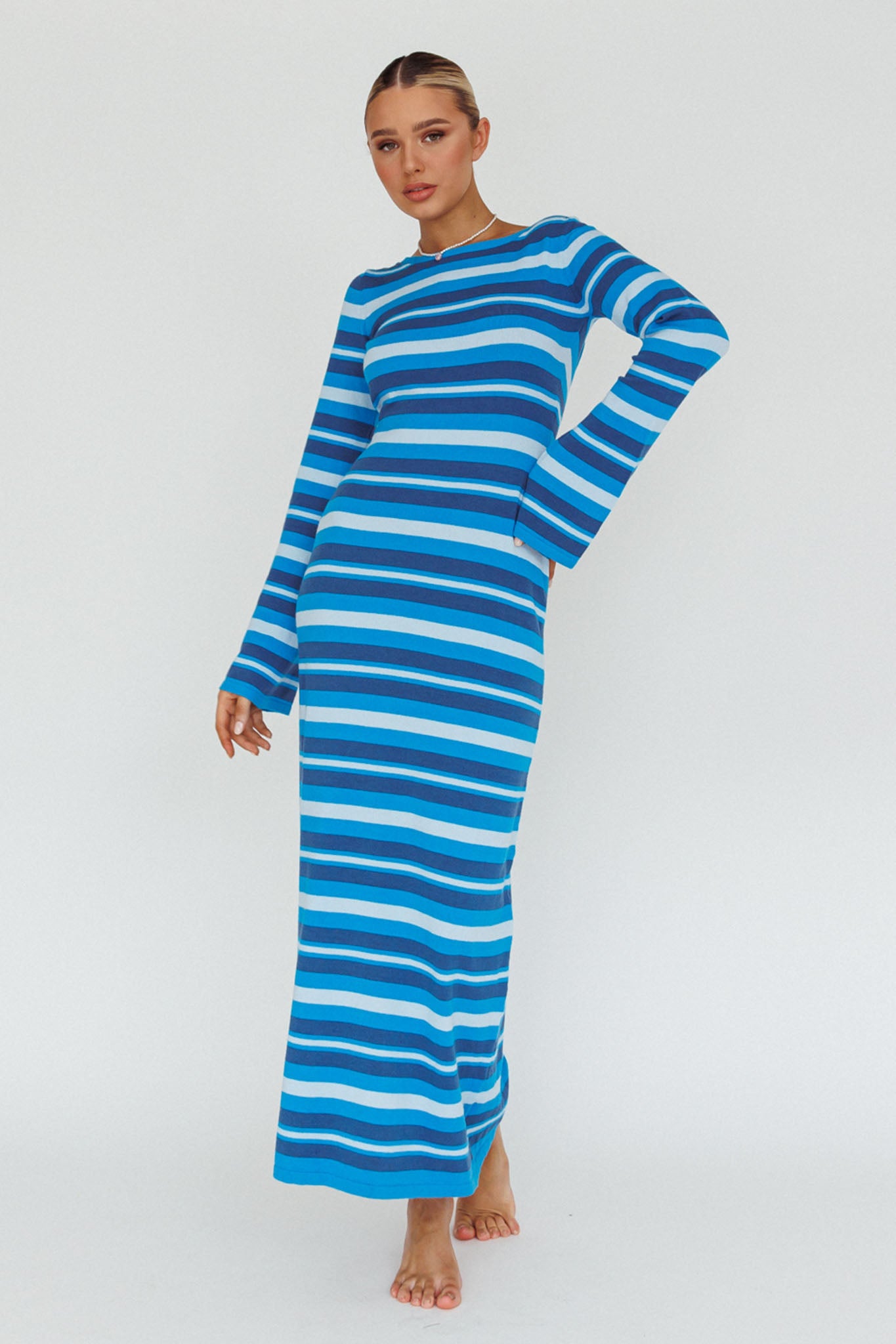 Jozie Long Sleeve Maxi Dress Stripe Blue by Selfie Leslie
