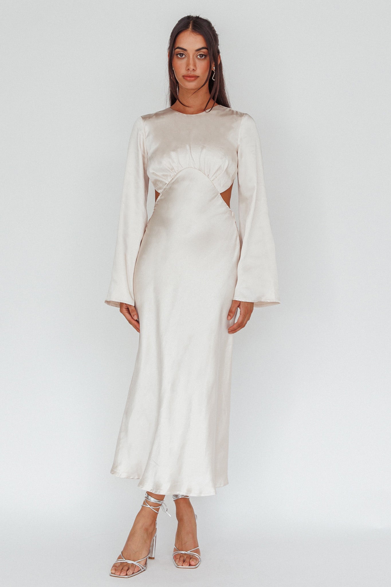 Doting Bell Sleeve Cut-Out Midi Dress Champagne by Selfie Leslie