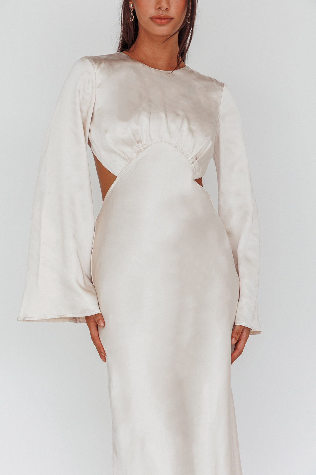 Doting Bell Sleeve Cut-Out Midi Dress Champagne by Selfie Leslie