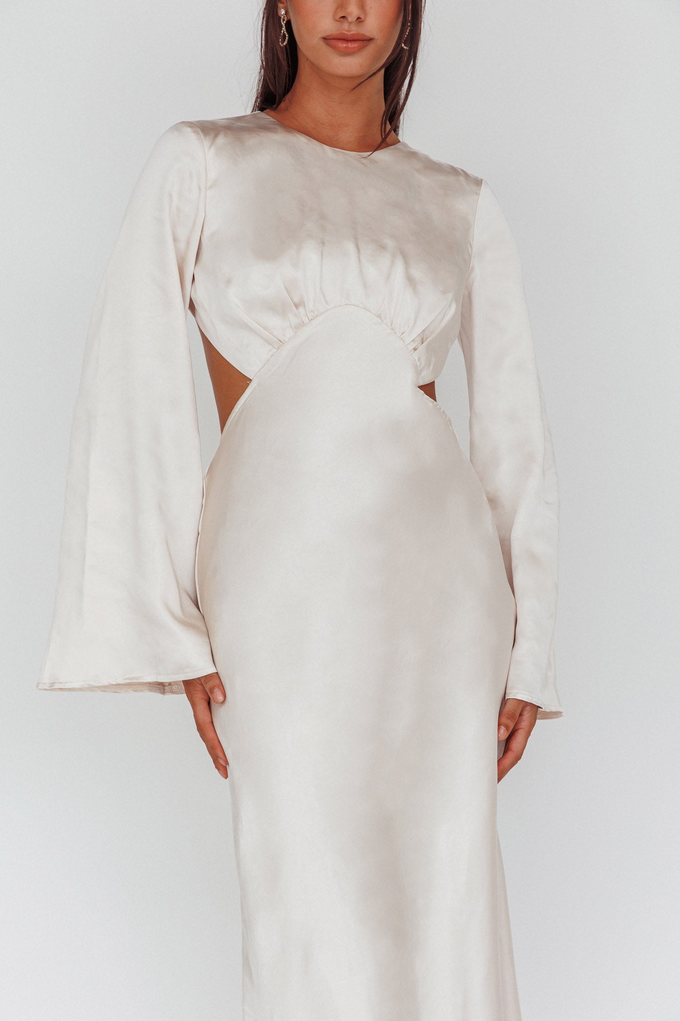 Doting Bell Sleeve Cut-Out Midi Dress Champagne by Selfie Leslie