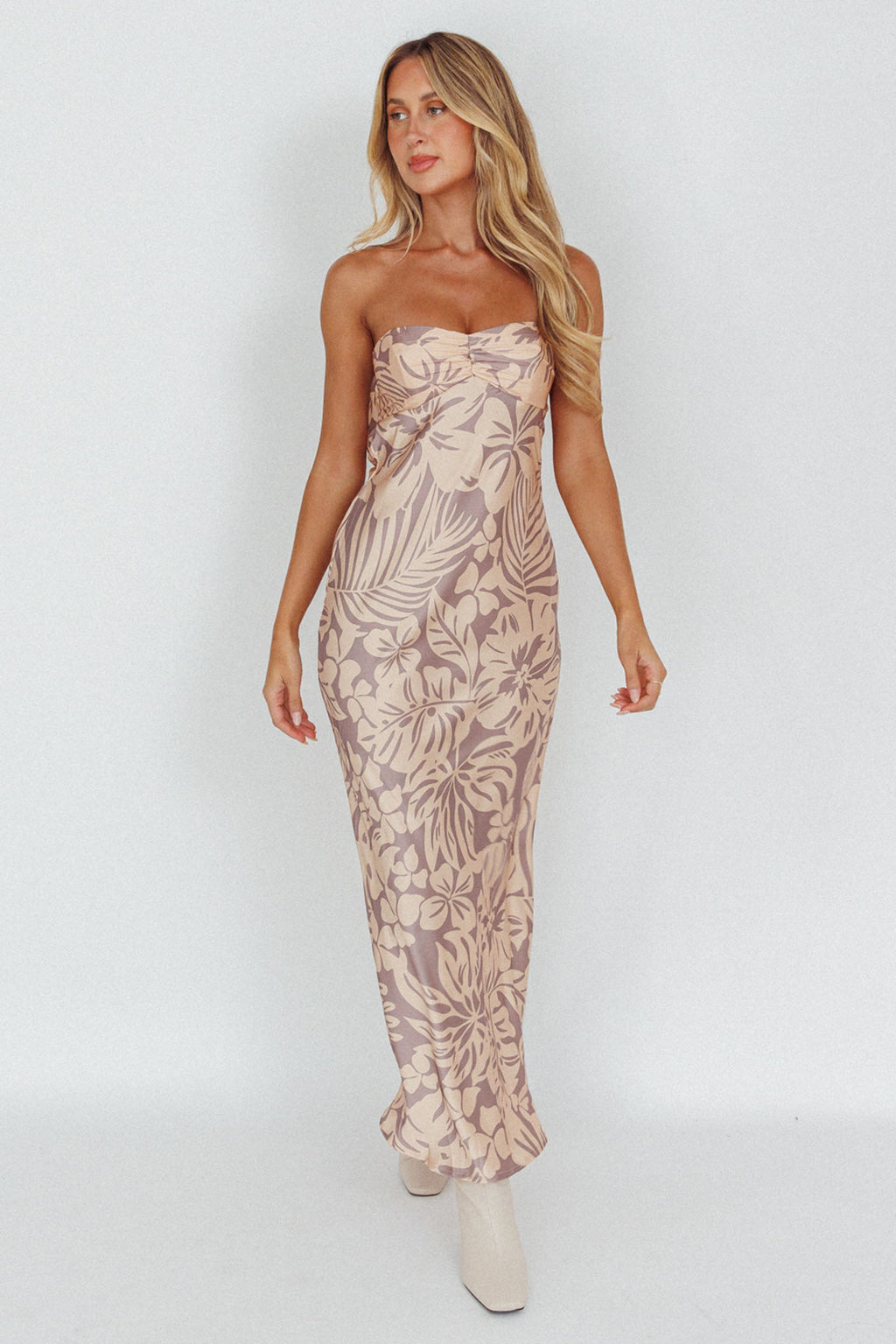 Kona Cowl Back Midi Dress Floral Beige by Selfie Leslie