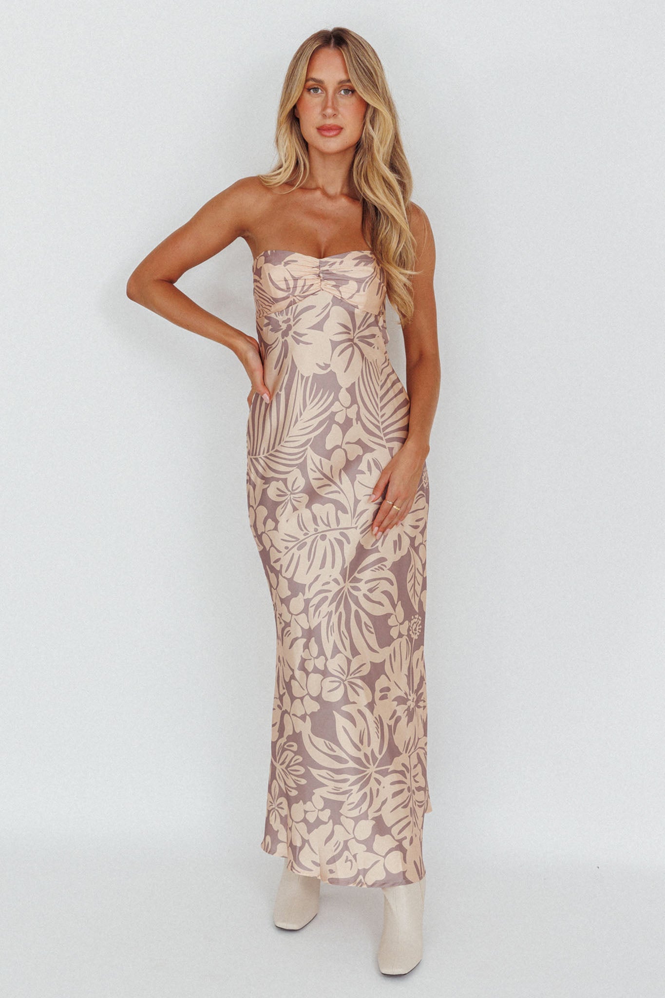 Kona Cowl Back Midi Dress Floral Beige by Selfie Leslie