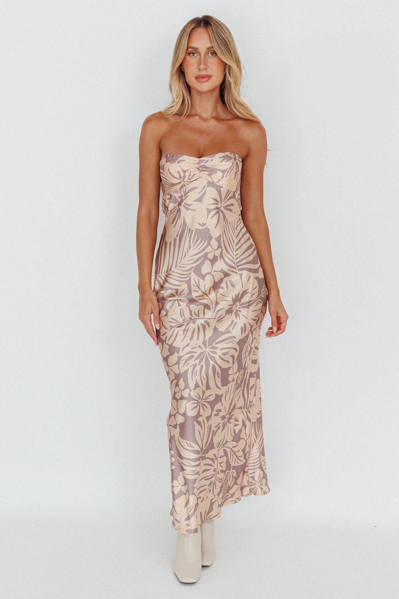 Kona Cowl Back Midi Dress Floral Beige by Selfie Leslie