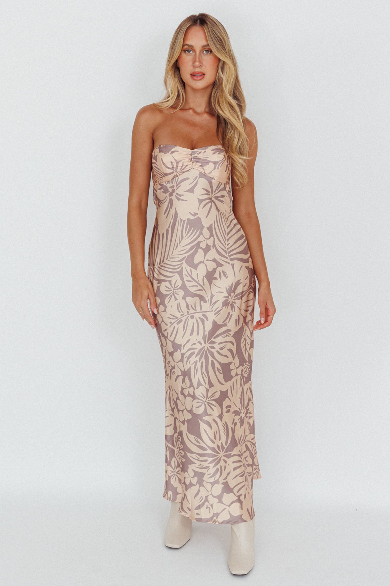 Kona Cowl Back Midi Dress Floral Beige by Selfie Leslie