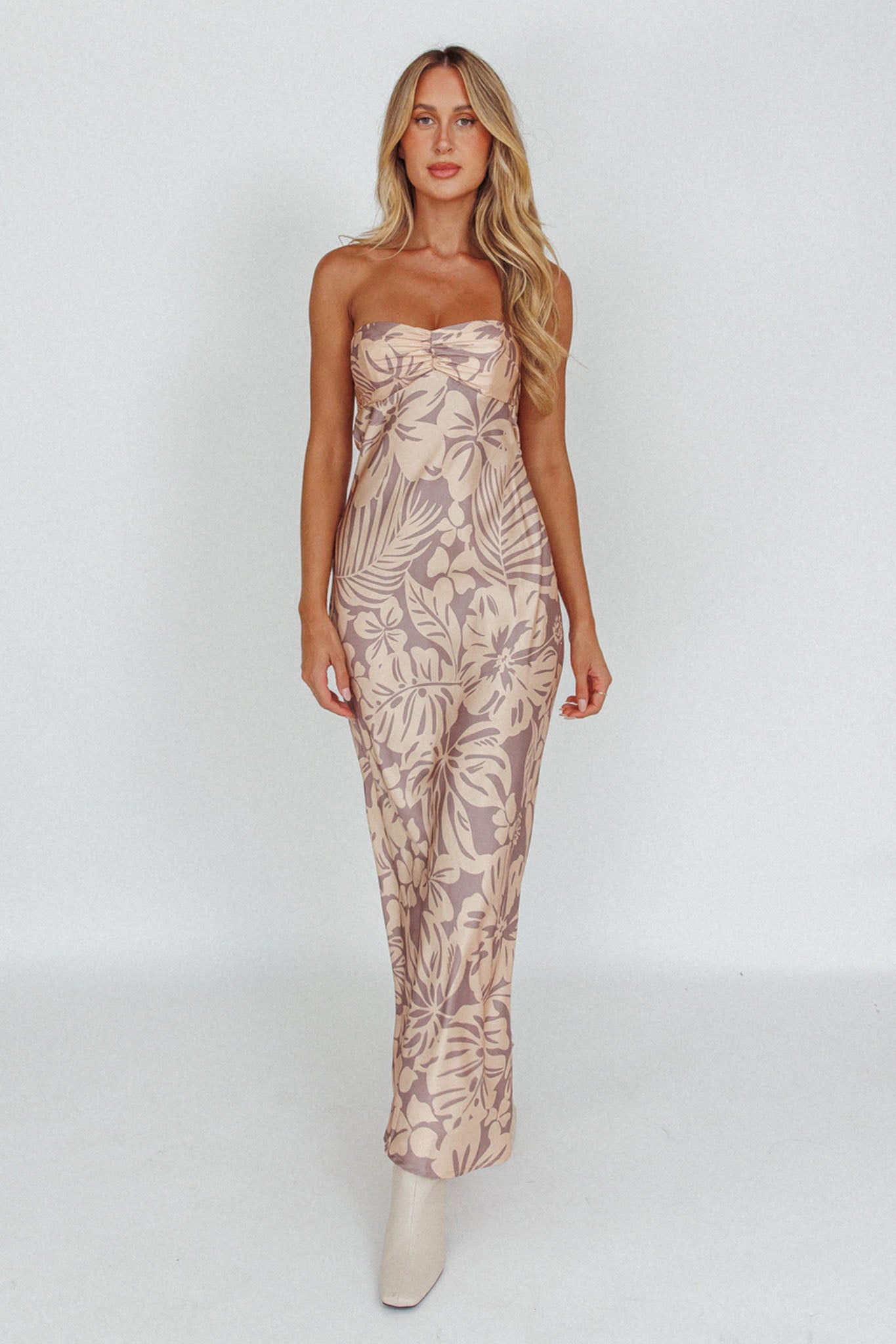 Kona Cowl Back Midi Dress Floral Beige by Selfie Leslie