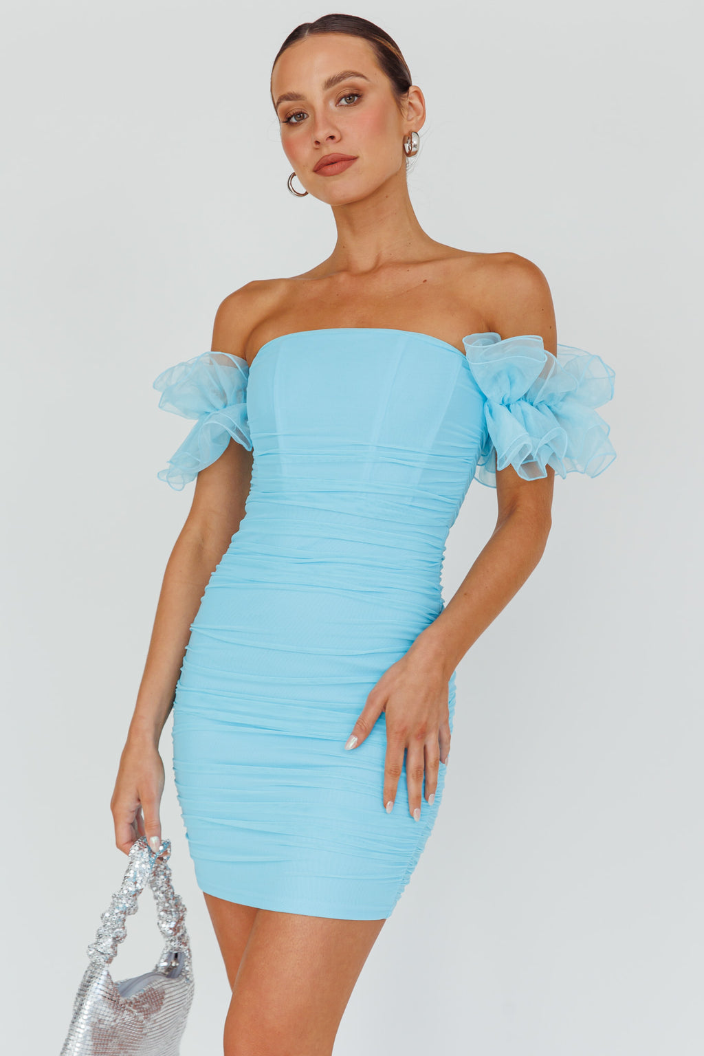 Star Dust Off-Shoulder Frill Sleeve Mini Dress Baby Blue by Selfie Leslie
