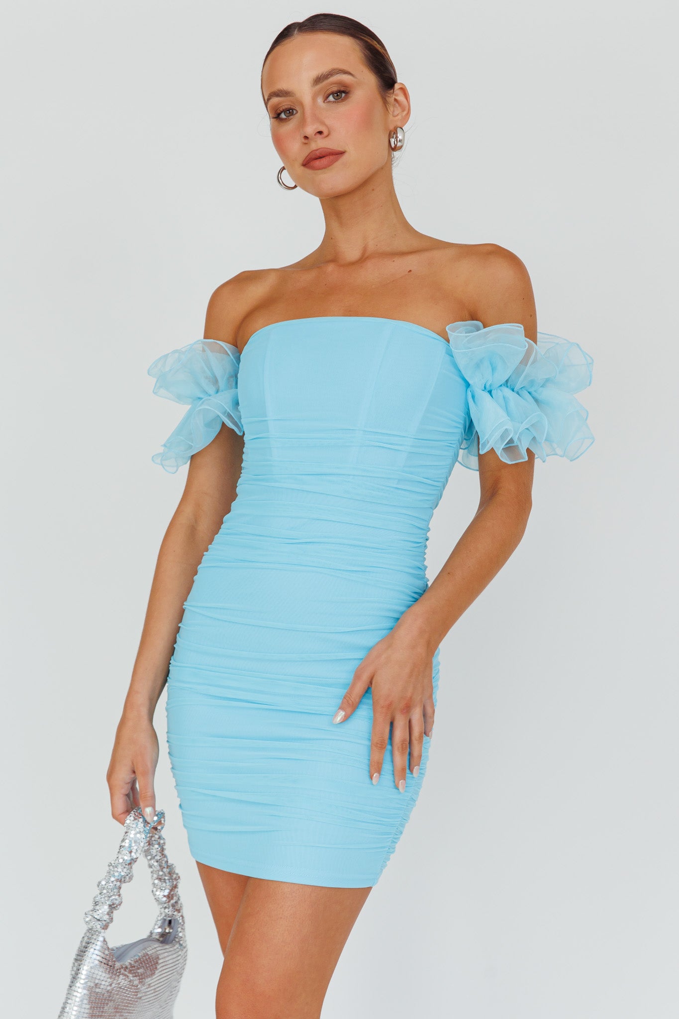 Star Dust Off-Shoulder Frill Sleeve Mini Dress Baby Blue by Selfie Leslie