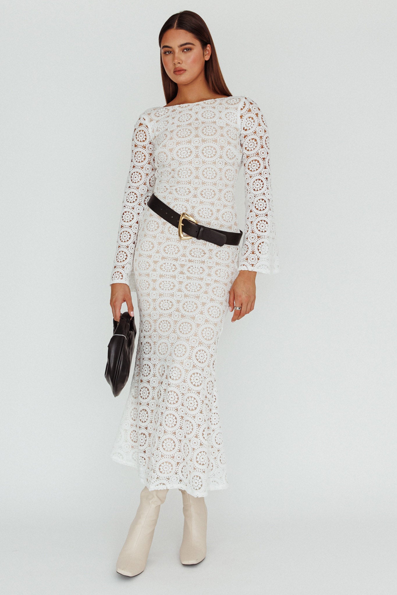 Kasia Long Sleeve Crochet Maxi Dress White by Selfie Leslie
