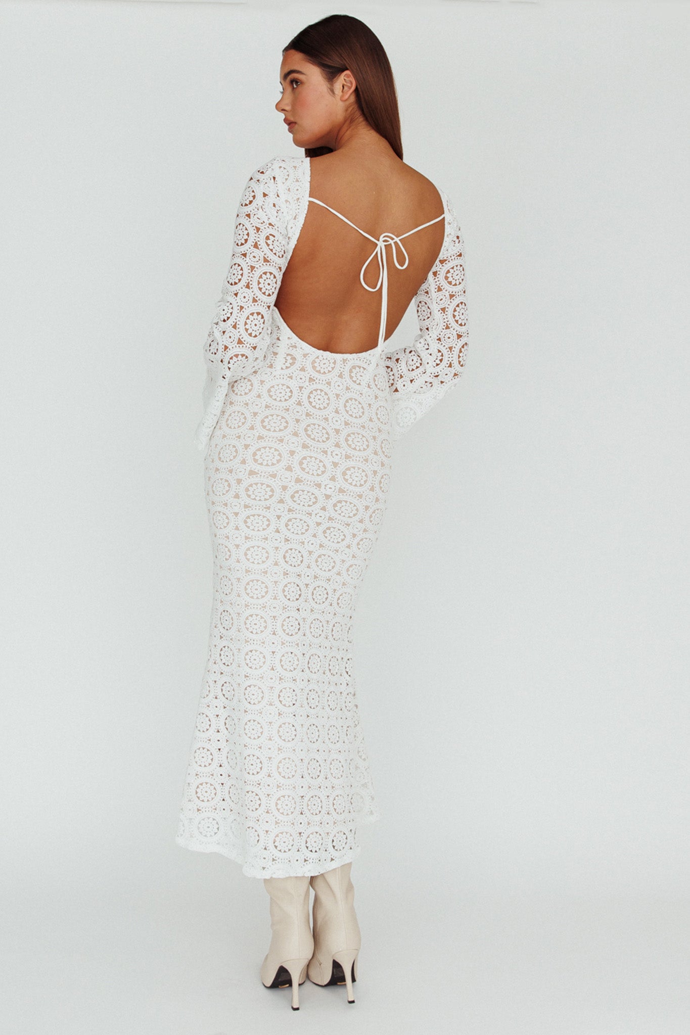 Kasia Long Sleeve Crochet Maxi Dress White by Selfie Leslie