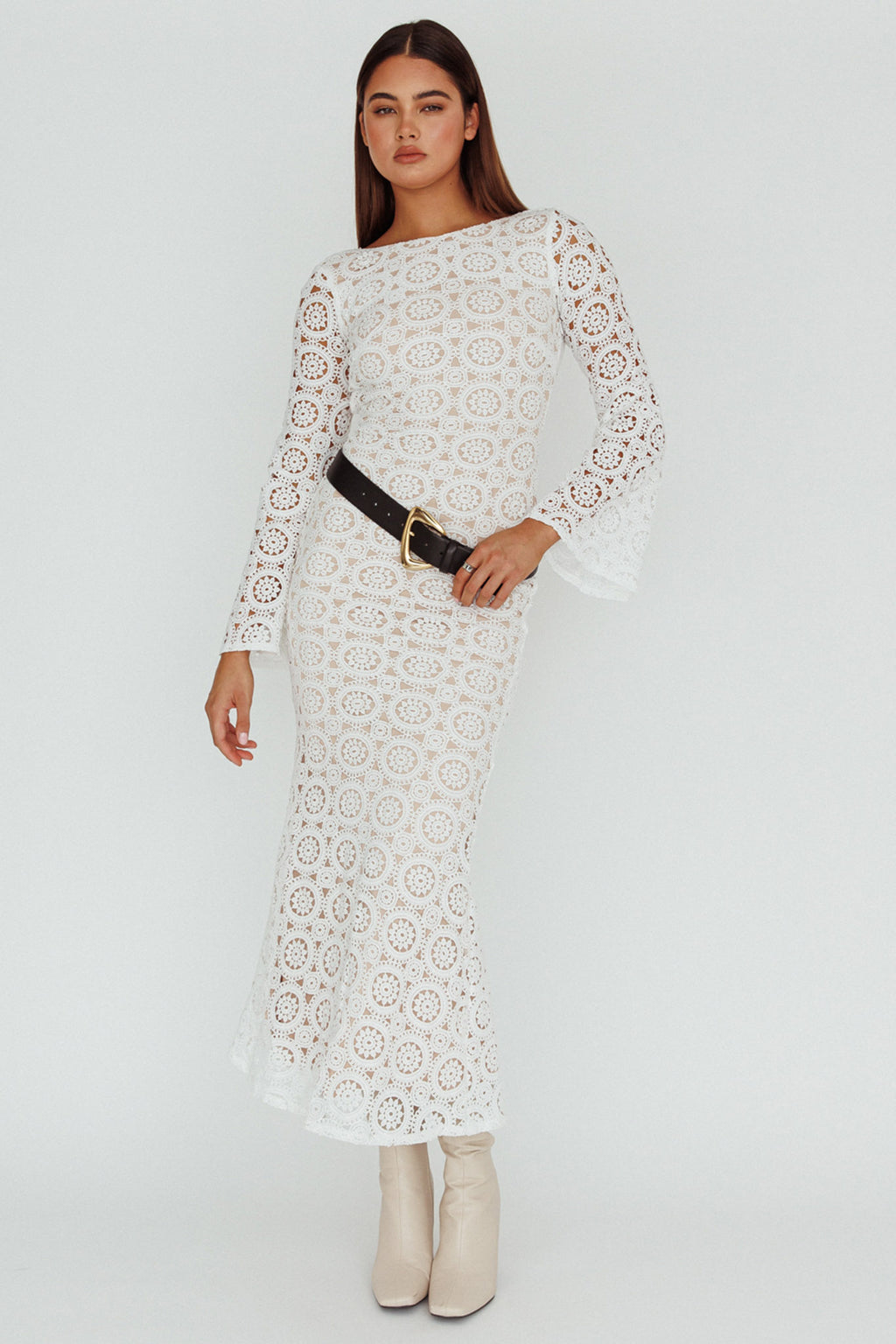Kasia Long Sleeve Crochet Maxi Dress White by Selfie Leslie