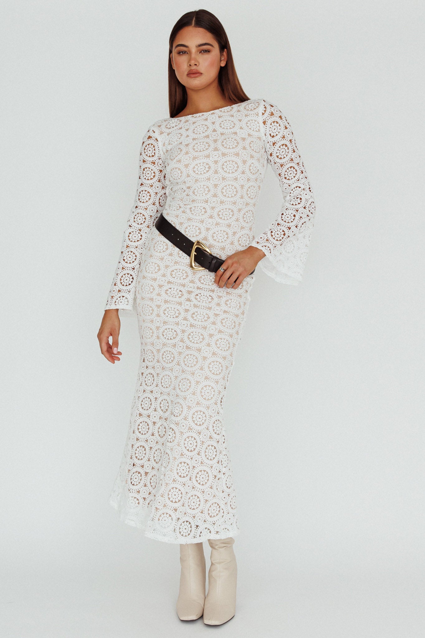 Kasia Long Sleeve Crochet Maxi Dress White by Selfie Leslie