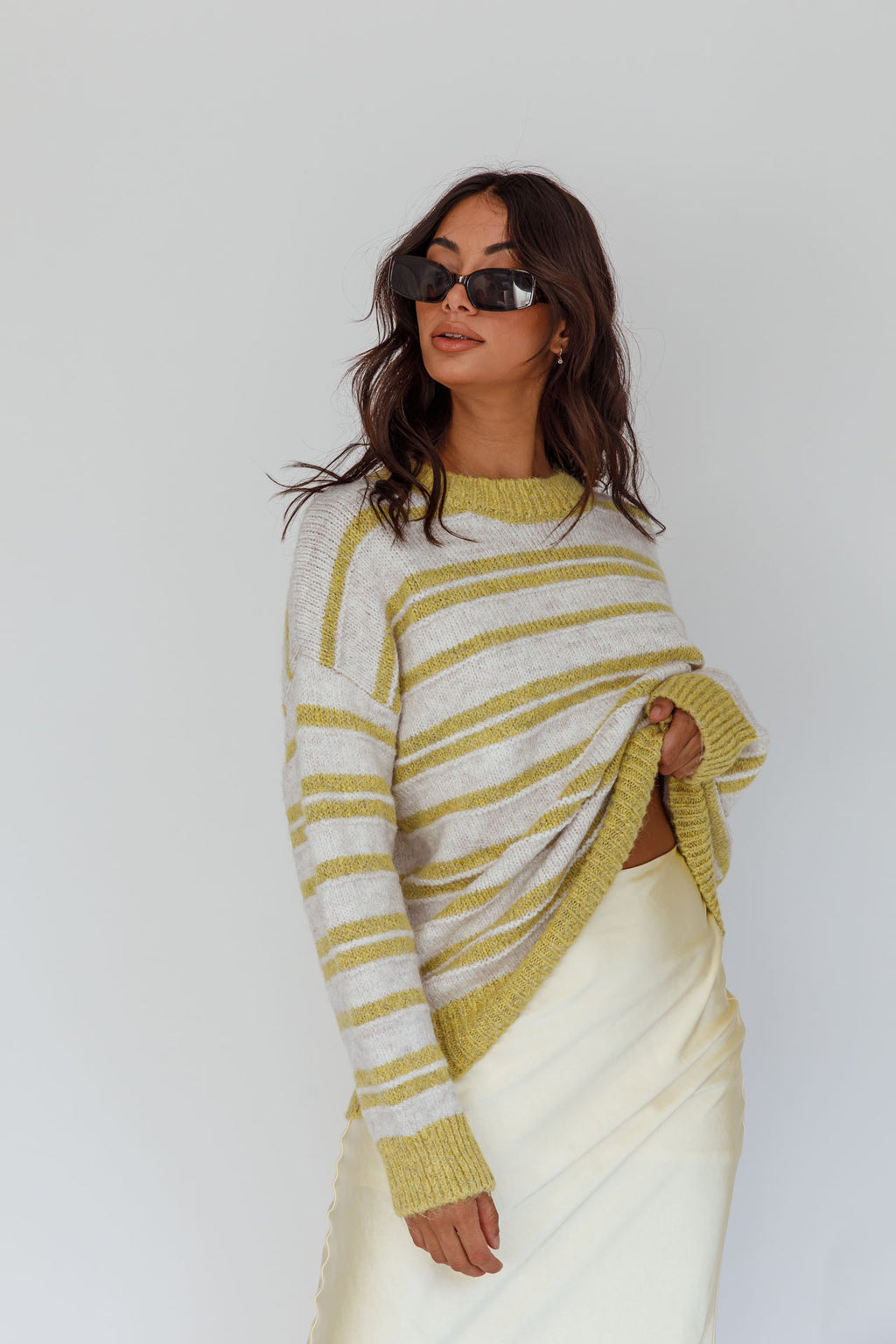 Jona Relaxed Knit Sweater Striped Beige by Selfie Leslie
