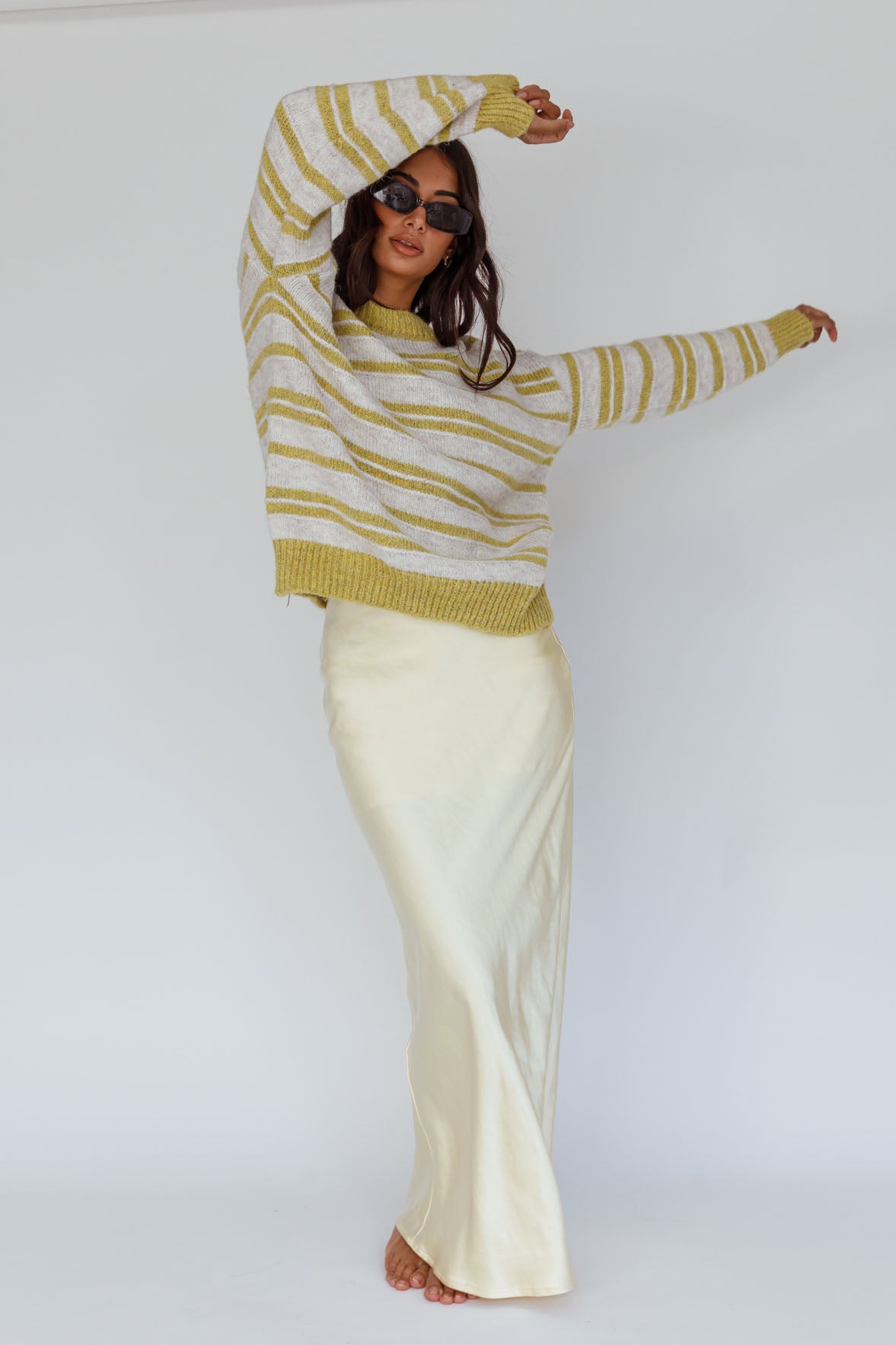 Jona Relaxed Knit Sweater Striped Beige by Selfie Leslie