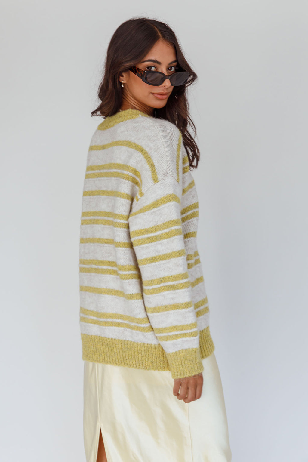 Jona Relaxed Knit Sweater Striped Beige by Selfie Leslie