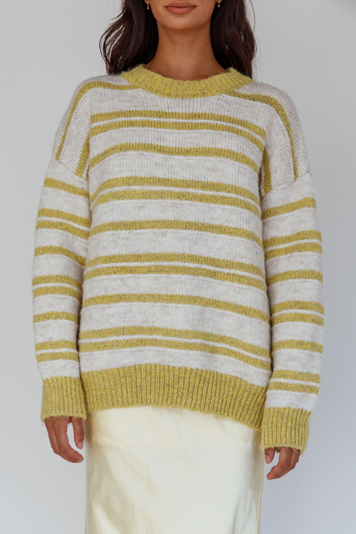 Jona Relaxed Knit Sweater Striped Beige by Selfie Leslie