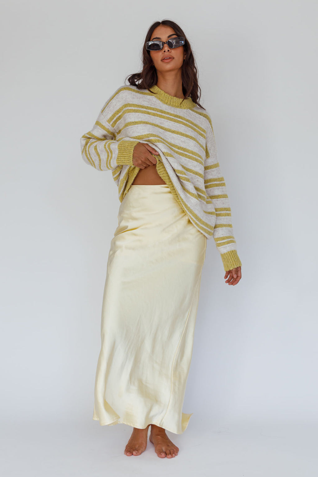 Jona Relaxed Knit Sweater Striped Beige by Selfie Leslie
