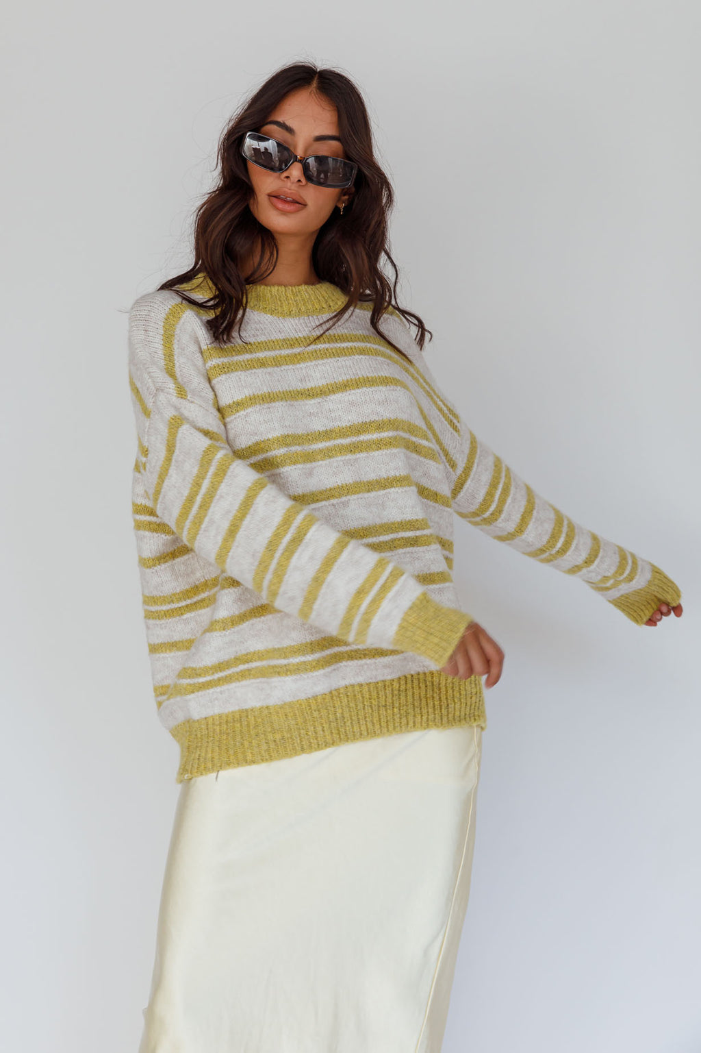 Jona Relaxed Knit Sweater Striped Beige by Selfie Leslie