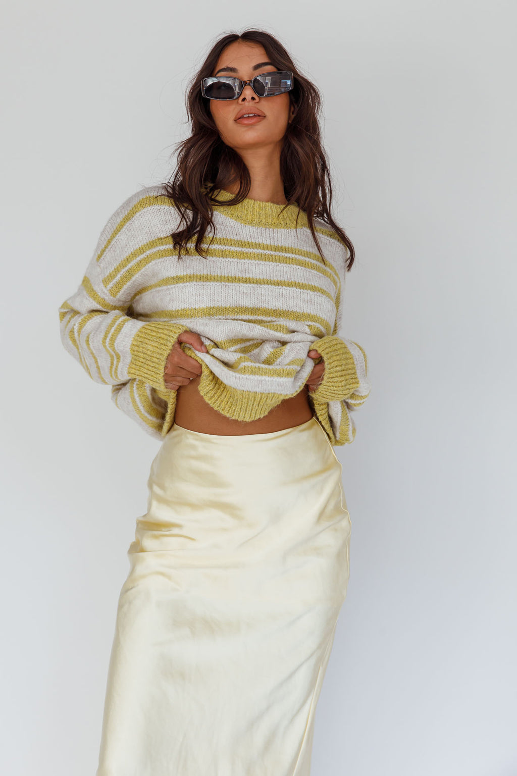 Jona Relaxed Knit Sweater Striped Beige by Selfie Leslie