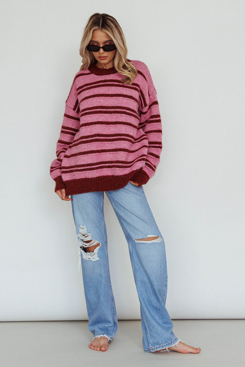 Jona Relaxed Knit Sweater Striped Pink by Selfie Leslie