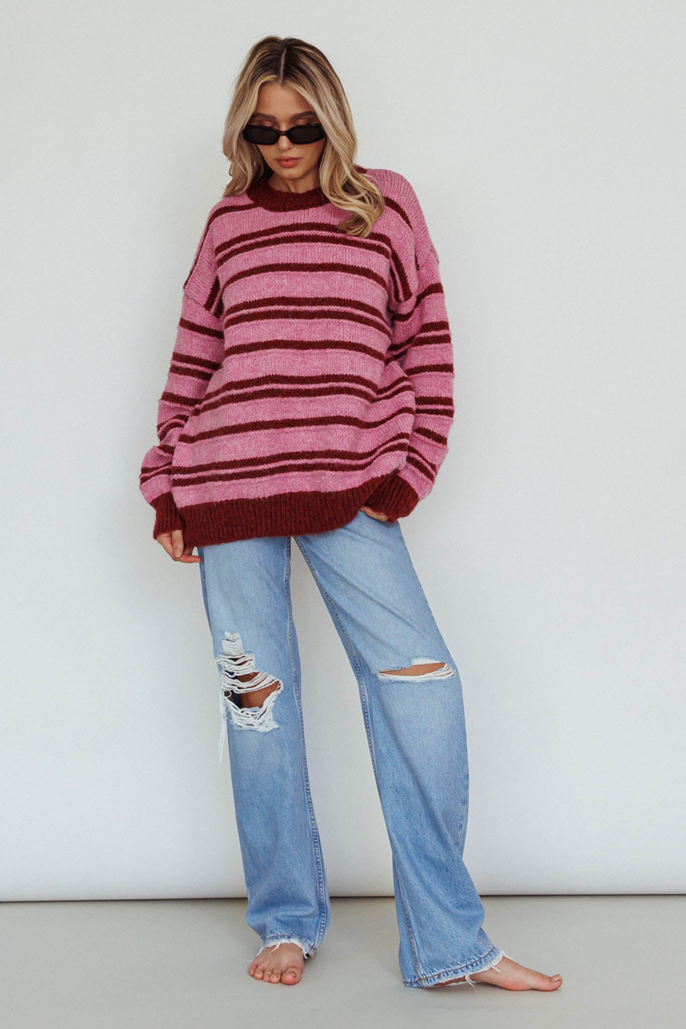 Jona Relaxed Knit Sweater Striped Pink by Selfie Leslie