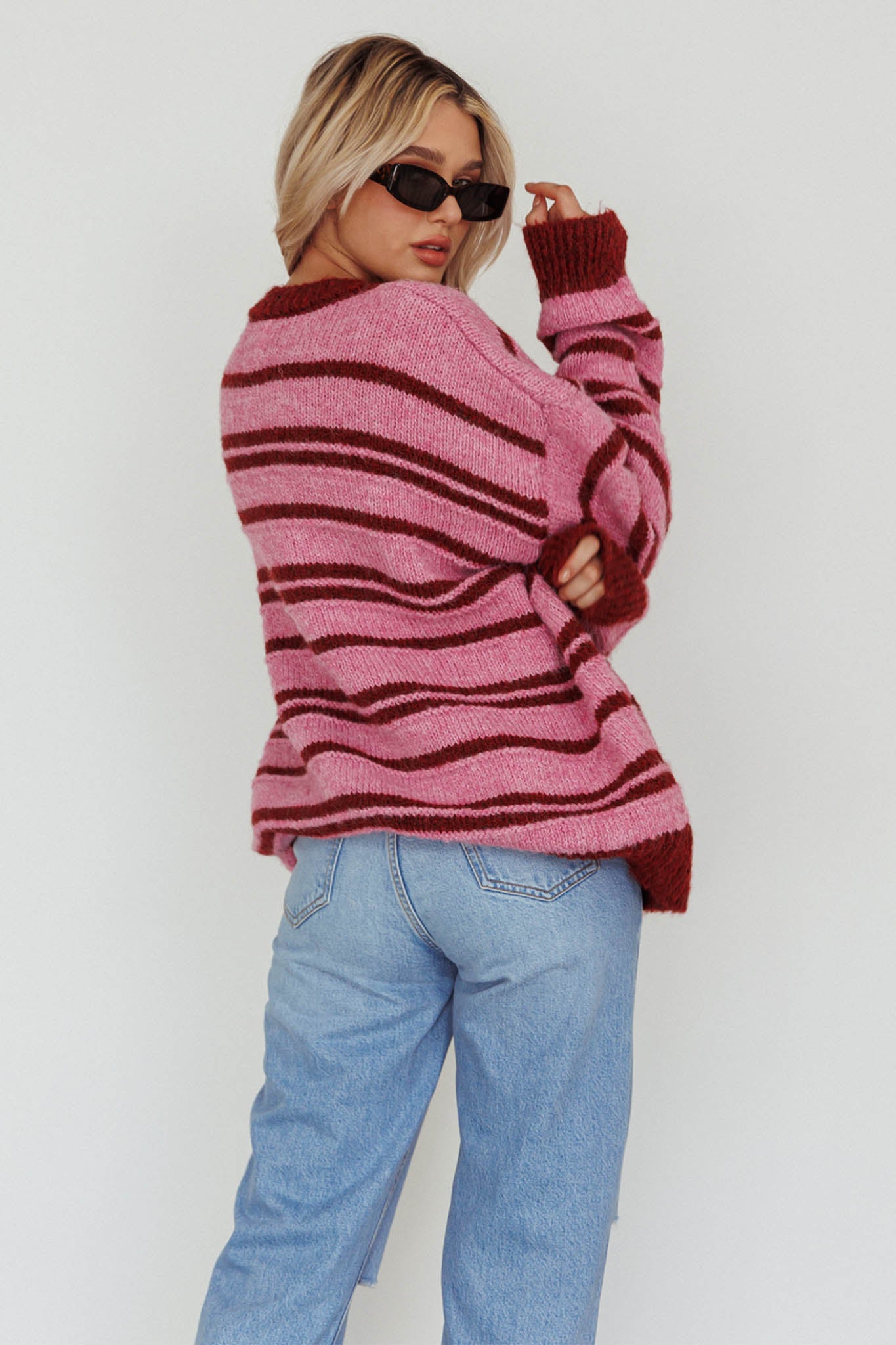 Jona Relaxed Knit Sweater Striped Pink by Selfie Leslie