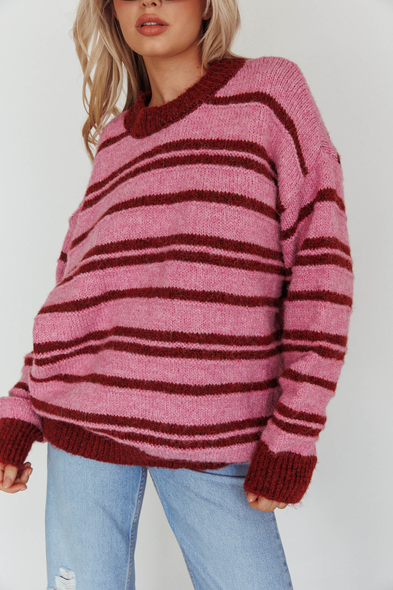 Jona Relaxed Knit Sweater Striped Pink by Selfie Leslie