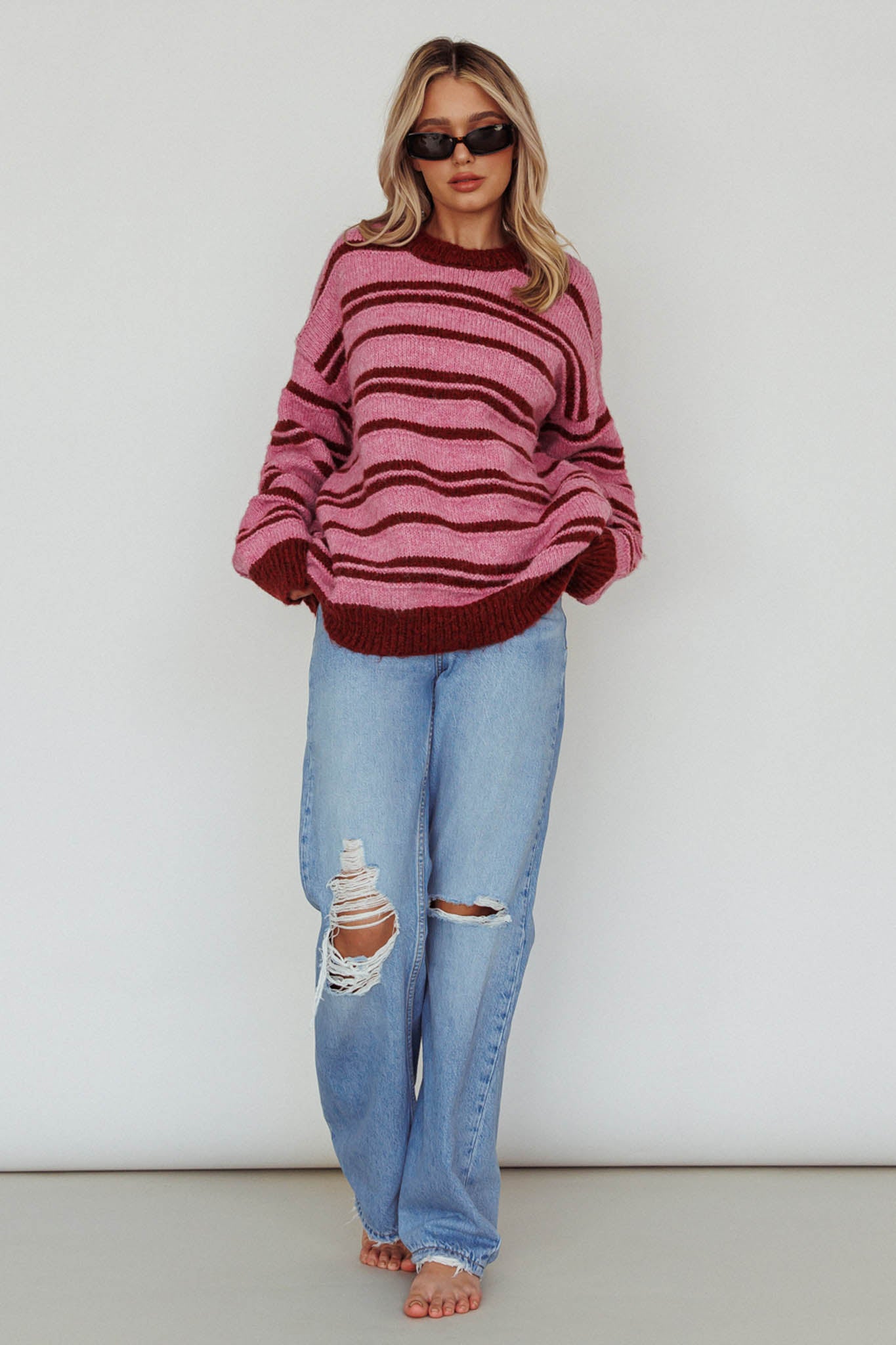 Jona Relaxed Knit Sweater Striped Pink by Selfie Leslie