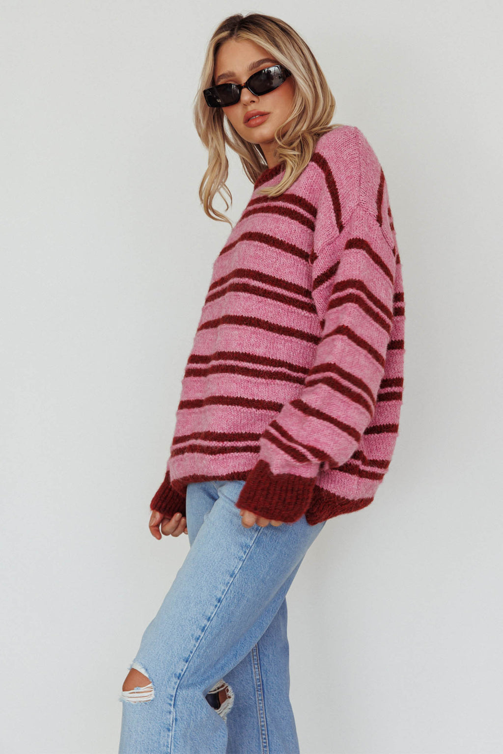 Jona Relaxed Knit Sweater Striped Pink by Selfie Leslie