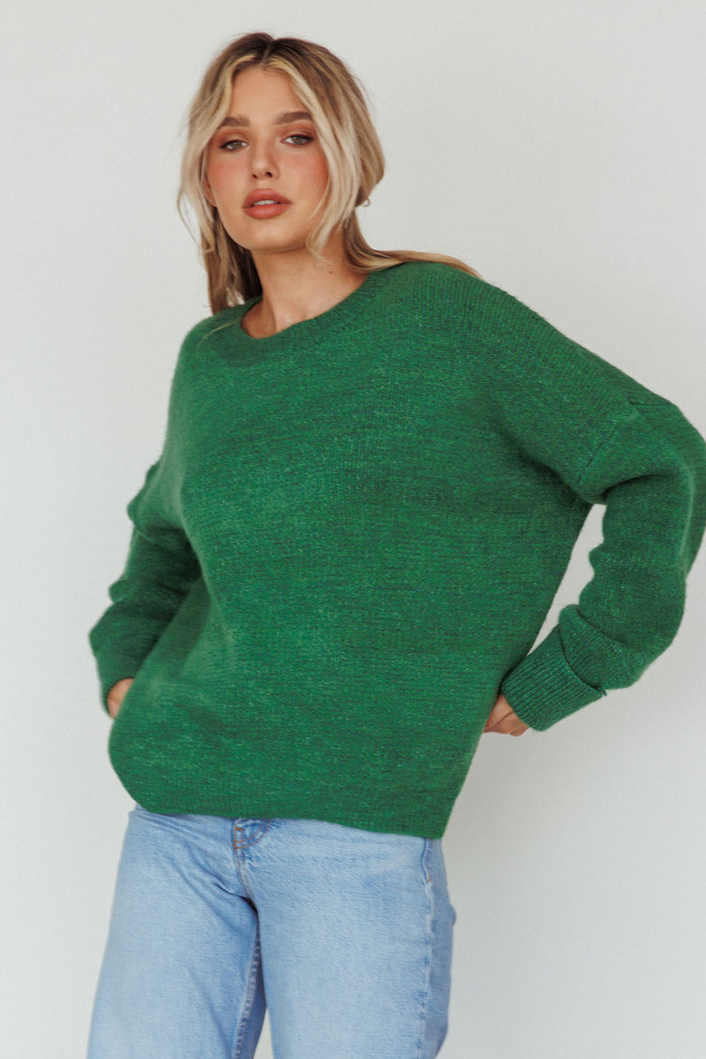 Kayce Dropped Shoulder Knit Sweater Green by Selfie Leslie