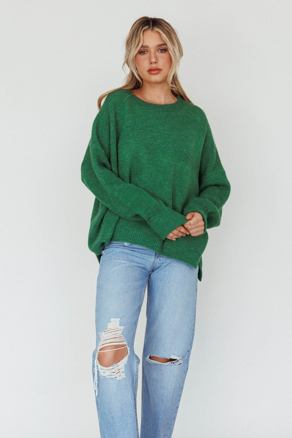 Kayce Dropped Shoulder Knit Sweater Green by Selfie Leslie