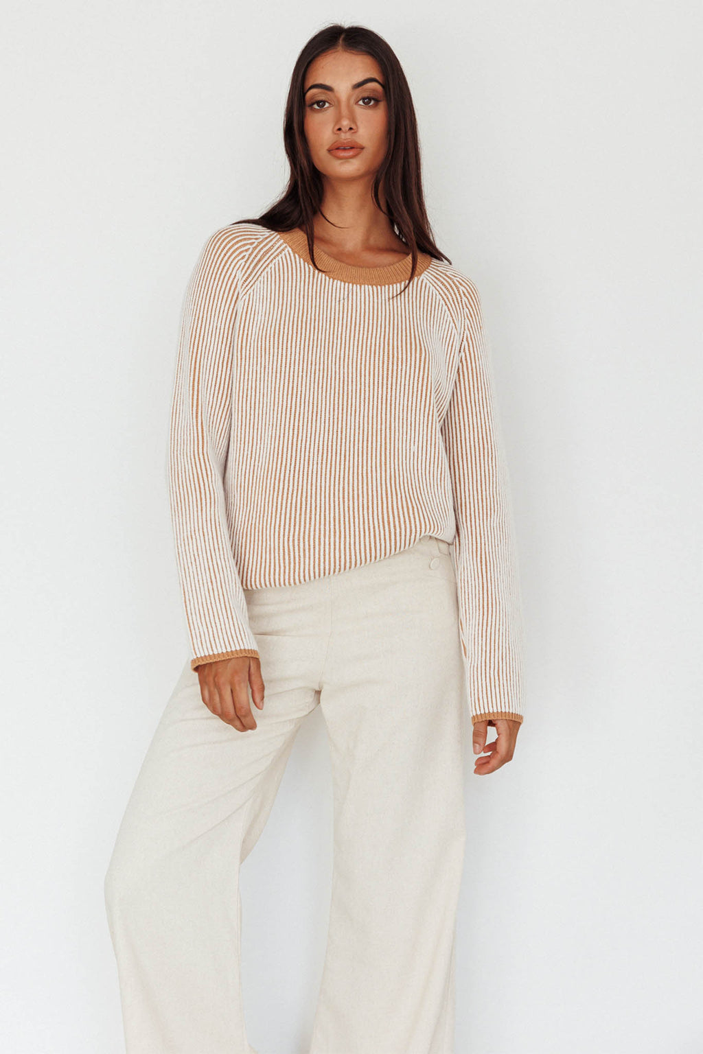 Trafalgur Ribbed Knit Sweater Camel by Selfie Leslie