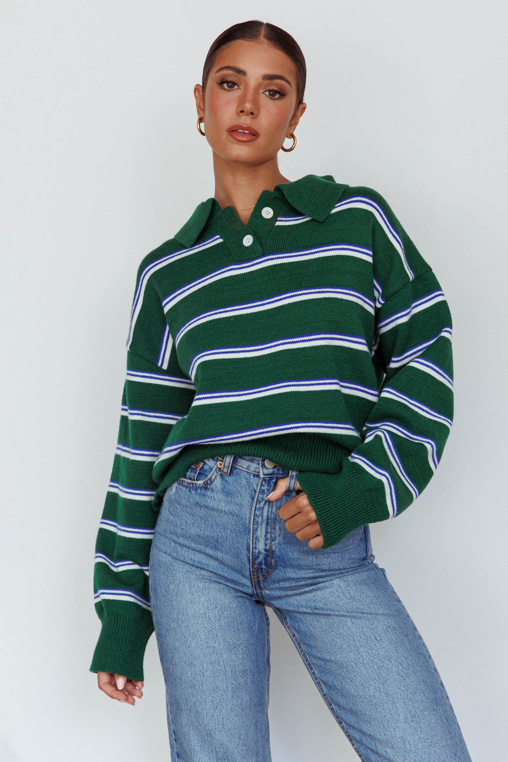 Boston Collared Knit Sweater Striped Forest Green by Selfie Leslie